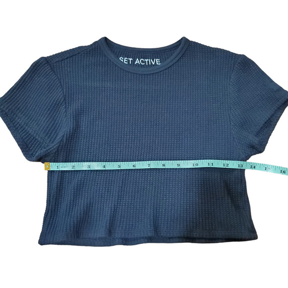 SET Active Navy Blue Waffle Short Sleeve Crop Top Small Short Sleeve Shirt - Picture 10 of 11